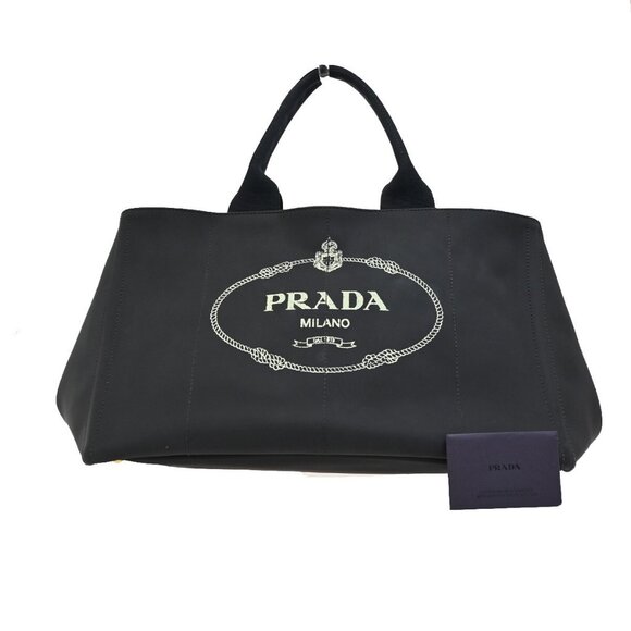 PRADA CANAPA Logo Shoulder Hand Tote Bag Tessuto PVC Leather Black - Picture 1 of 16